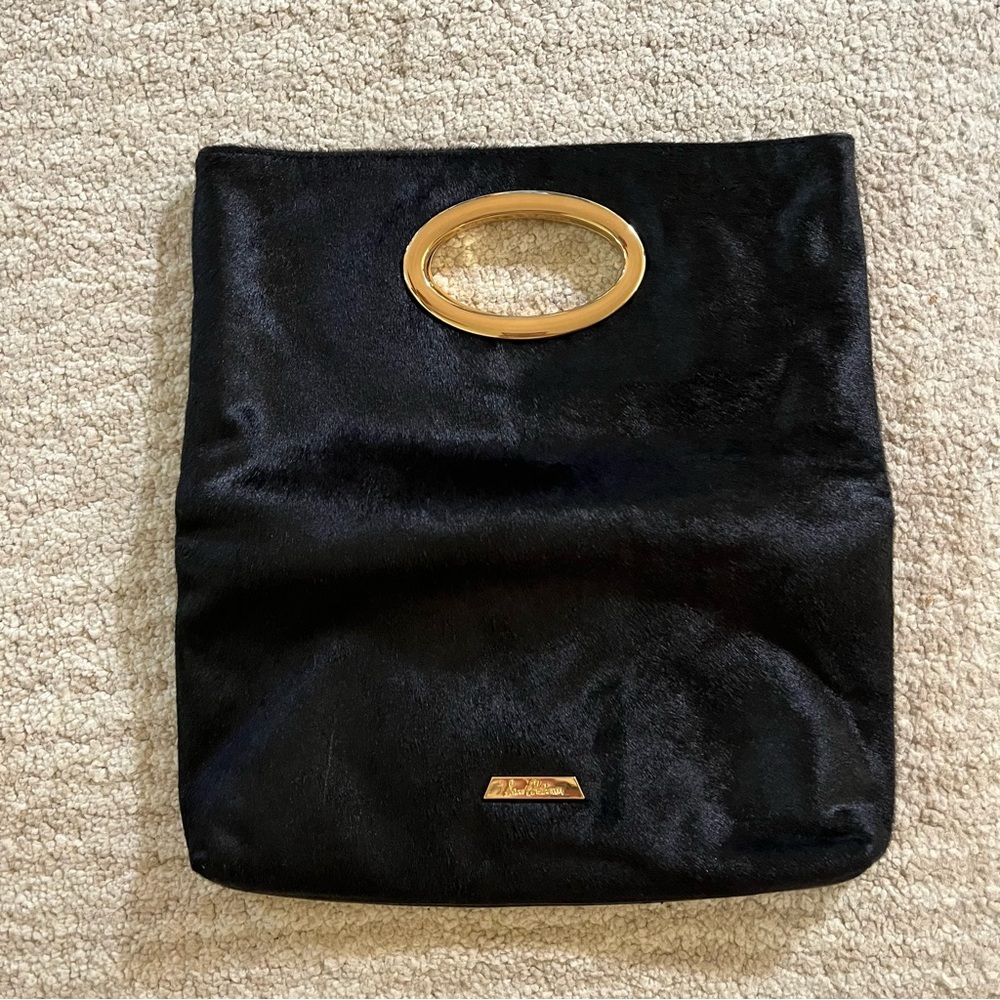 NWT Sam Edelman Night Out black gold cow hair pebbled leather foldover clutch
